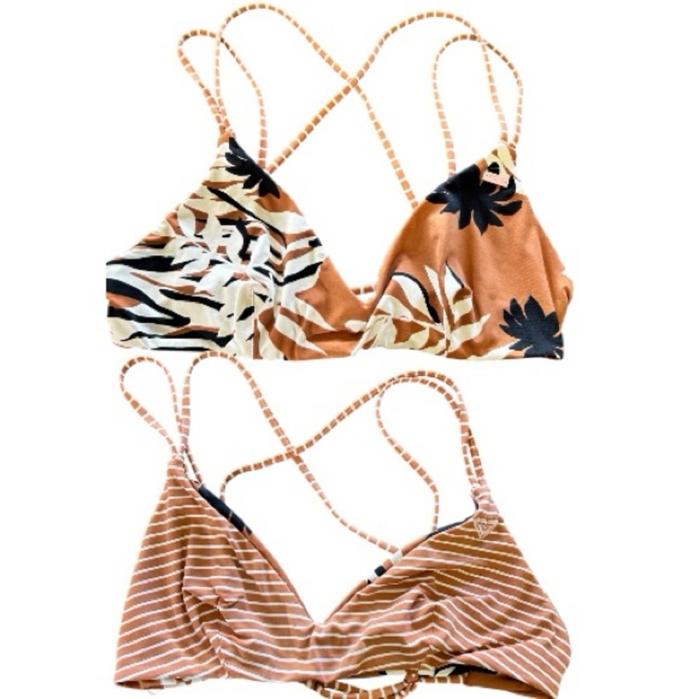 Roxy reversible bikini top orange white black floral and striped strappy